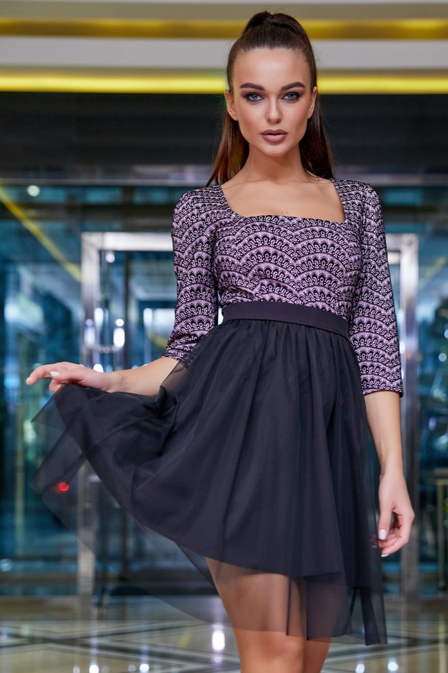 Нарядное Платье с Пышной Юбкой Сеткой Розовое с Черным S-XL