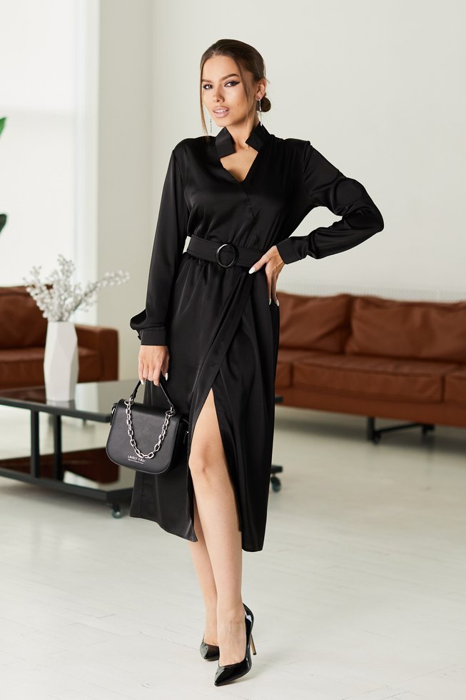 Черное Шелковое Платье Миди Деловое под Пояс S-M, L-XL, L-XL