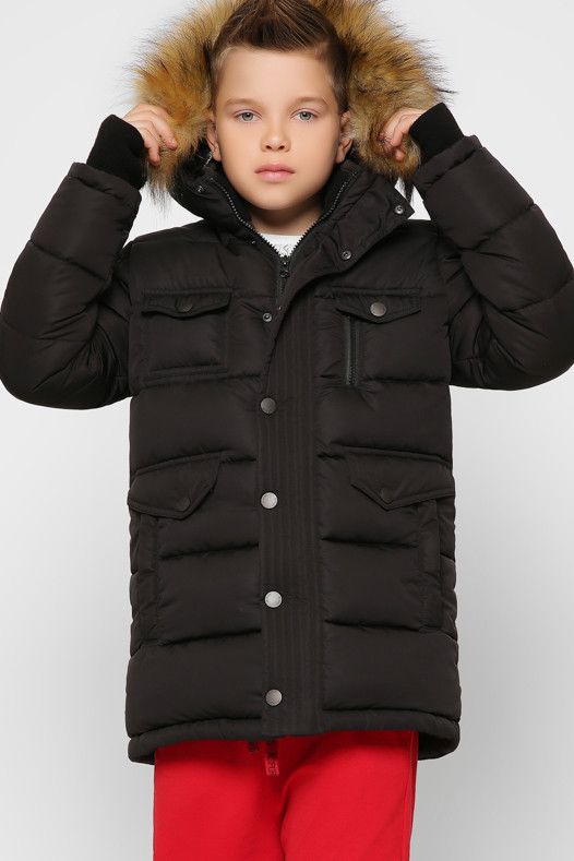 Теплая Зимняя Куртка для Мальчика с Капюшоном и Трикотажной Митенкой Синяя Рост 116-158 см