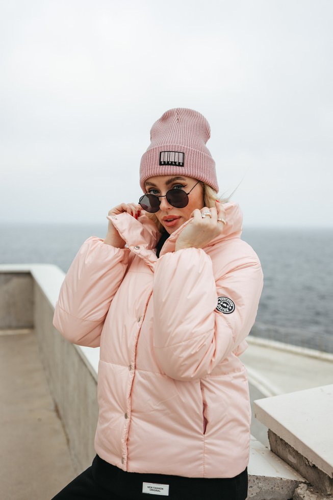 Короткая Зимняя Куртка Женская Воротник Стойка Розовая S-M, L-XL
