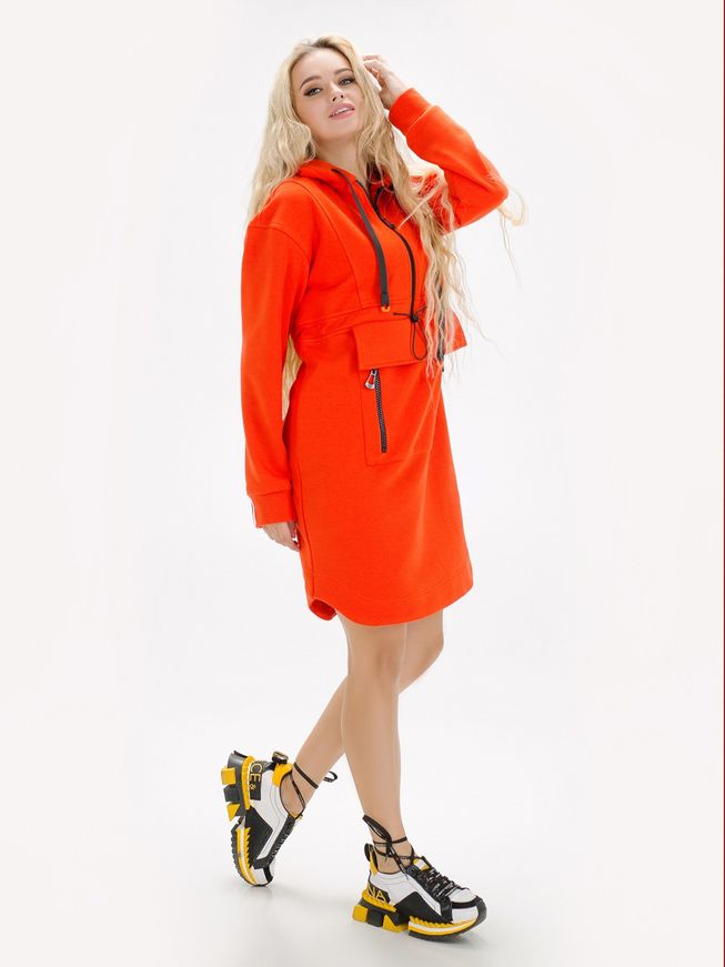 Модное Теплое Платье-Худи из Футера с Капюшоном Оранжевое от р.XS до р.XL