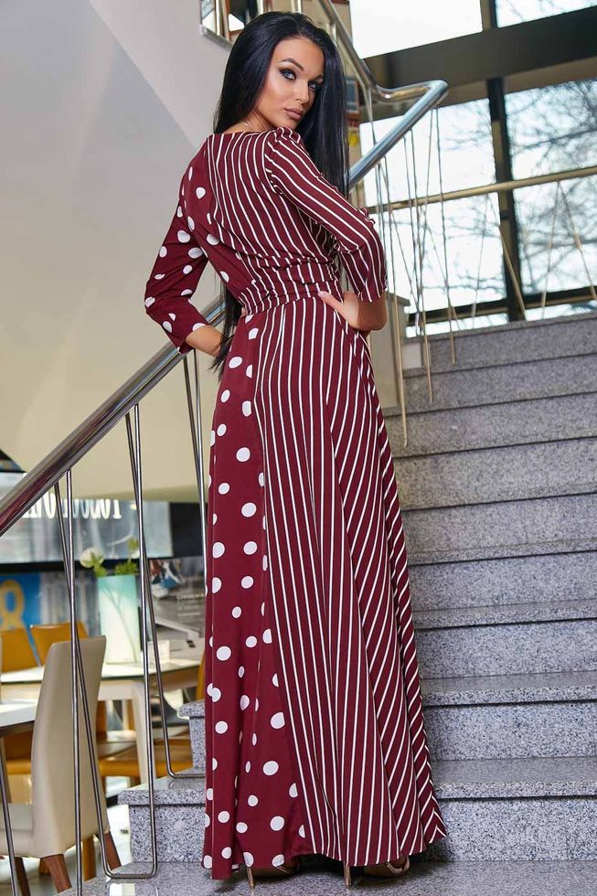Эффектное Длинное Платье на Запах Марсала в Крупный Горох и Полоску S-M, L-XL, 2XL-3XL