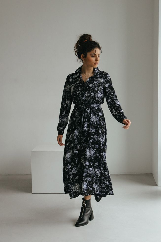 Елегантна Шифонова Сукня з Пишною Спідницею в Квіточку Чорна S-M, L-XL