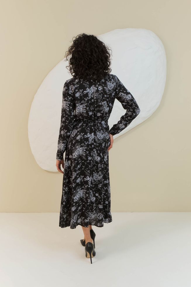 Элегантное Шифоновое Платье с Пышной Юбкой в Цветочек Черное S-M, L-XL