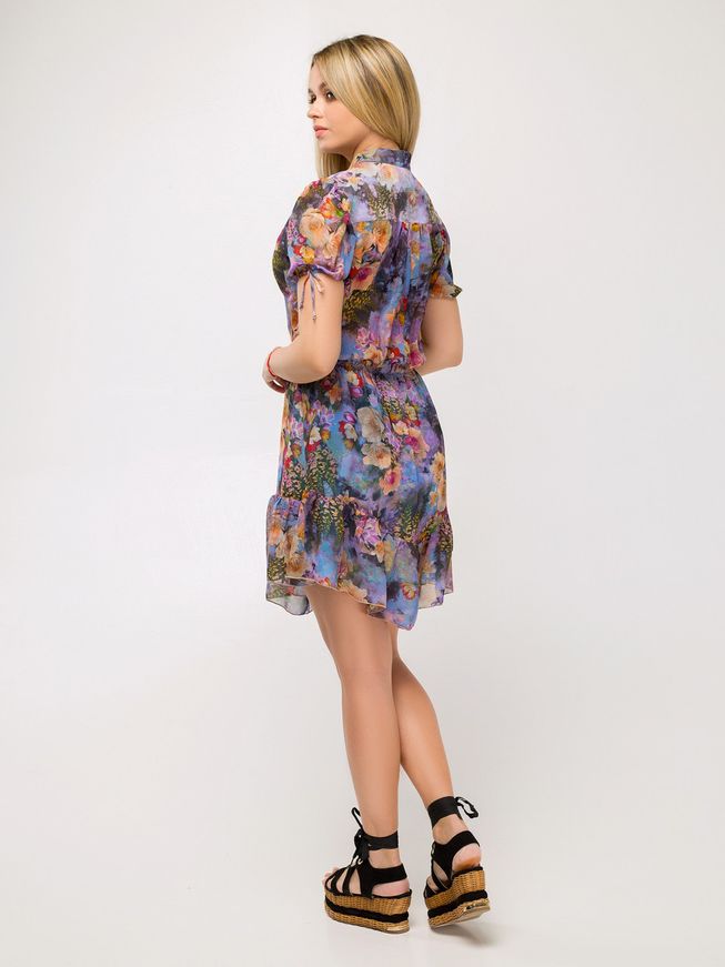 Короткое Шифоновое Платье Женское Ассиметричное Голубое с Цветочным Принтом XS-S, L-XL