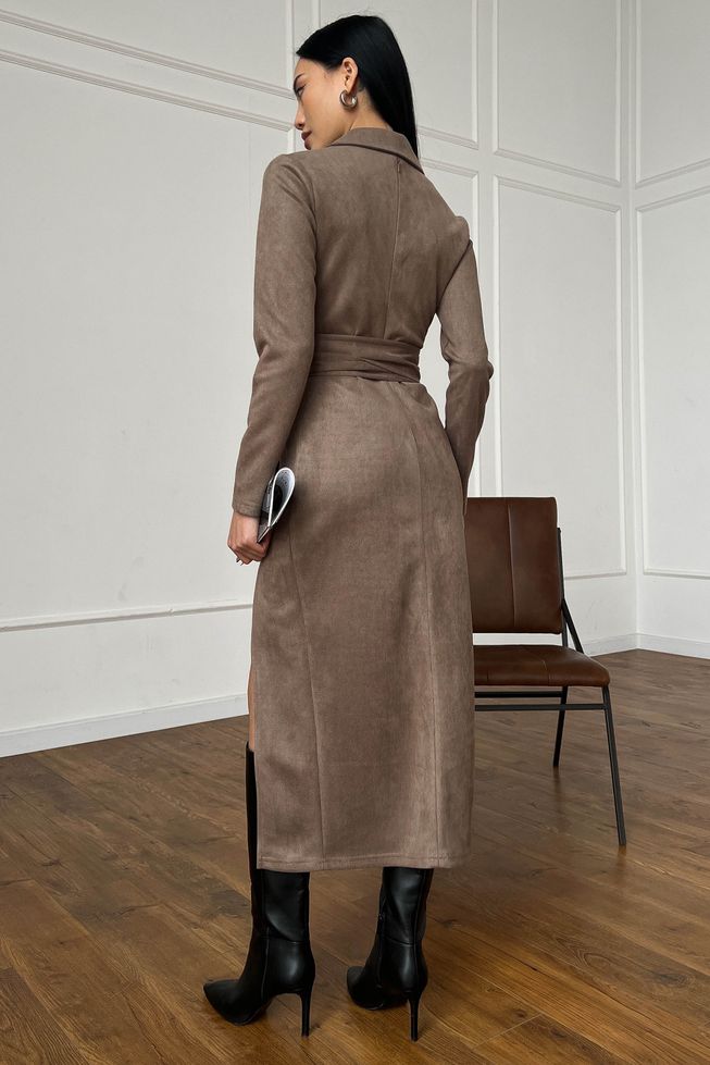Облегающее Замшевое Платье Миди с Разрезом Капучино S, M, L, XL, XL