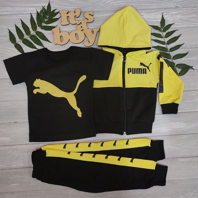 Дитячий Спортивний Костюм Трійка в стилі Puma з капюшоном Жовтий Зростання 80-104 см