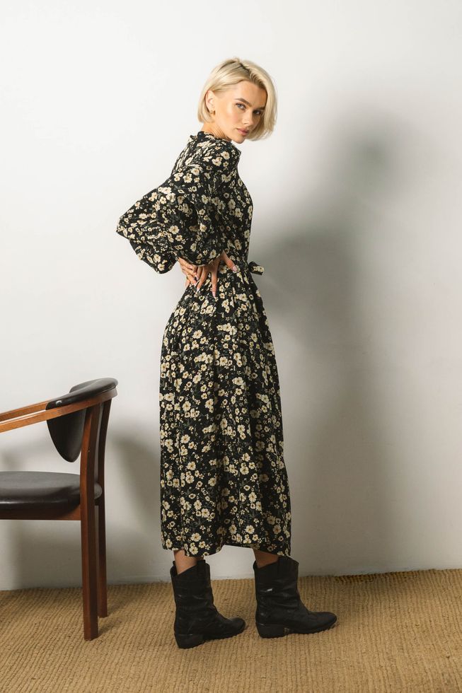 Свободное Пышное Платье из Штапеля с Цветочным Принтом Черное S-M, L-XL, L-XL