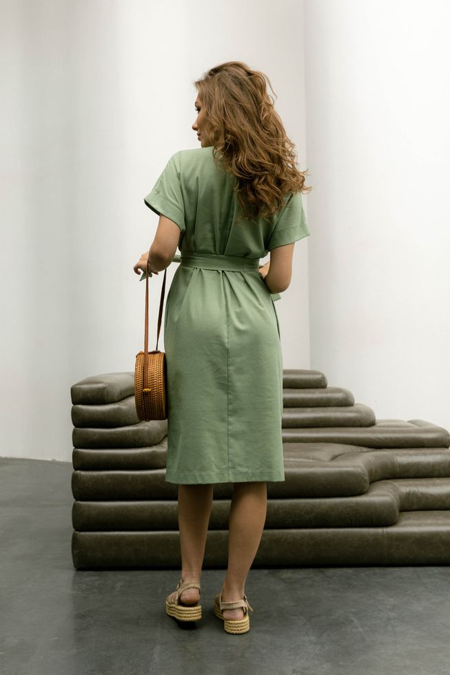 Короткое Элегантное Платье из Льна под Пояс Зеленое S-M, L-XL, 2XL-3XL, 2XL-3XL