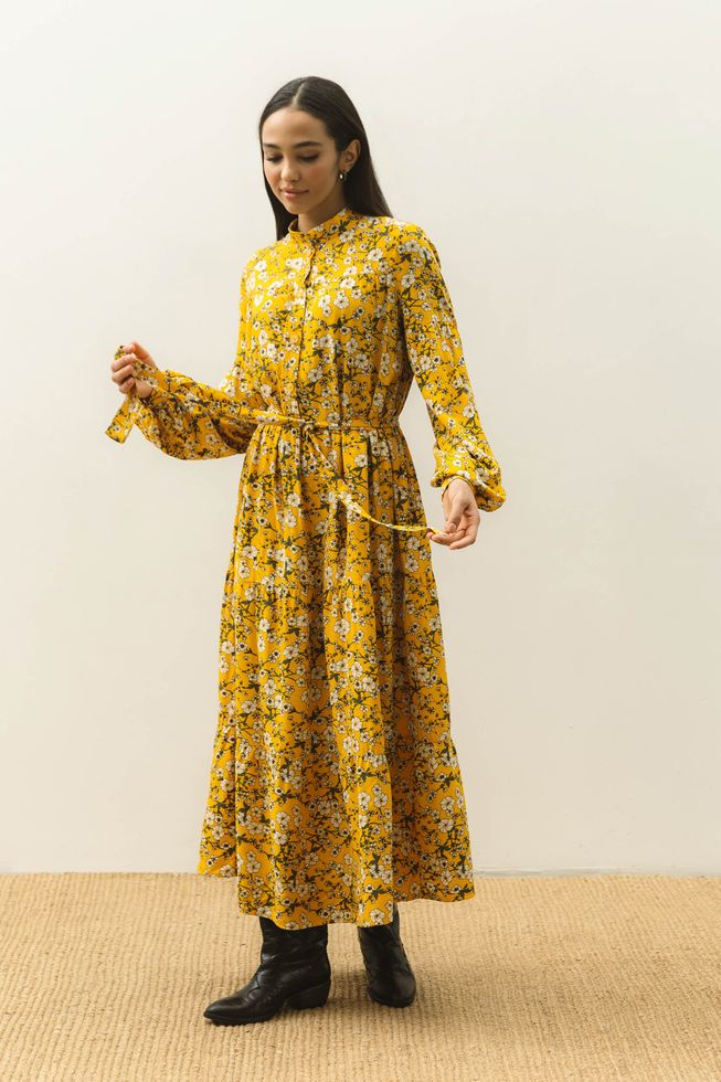 Свободное Пышное Платье из Штапеля с Цветочным Принтом Желтое S-M, L-XL, L-XL