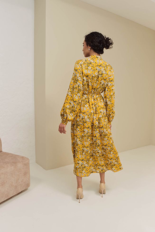 Свободное Пышное Платье из Штапеля с Цветочным Принтом Желтое S-M, L-XL, L-XL