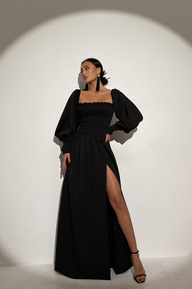 Черное Вечернее Платье в Пол с Открытыми Плечами и Разрезом р.S-M, L-XL, L-XL