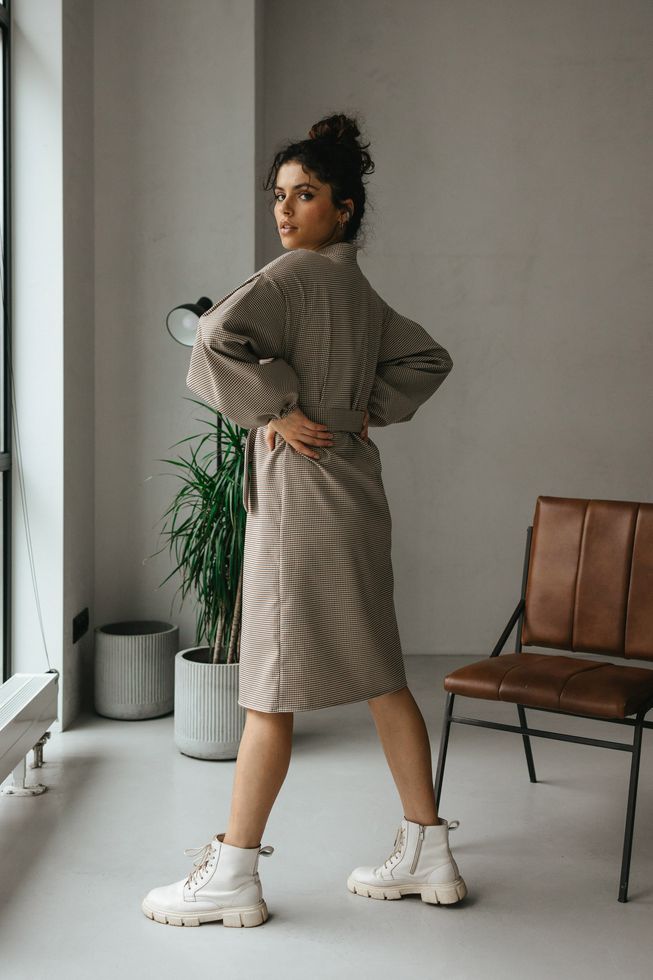 Демисезонное Платье с Объемными Рукавами Серое в Клетку S-M, L-XL, L-XL