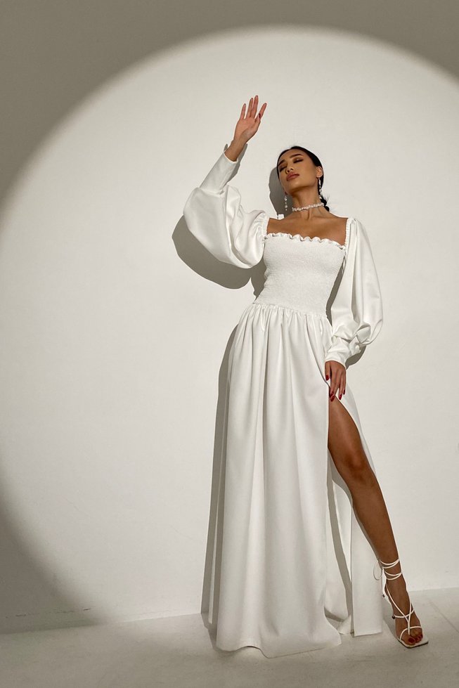 Белое Вечернее Платье в Пол с Открытыми Плечами и Разрезом р.S-M, L-XL, L-XL