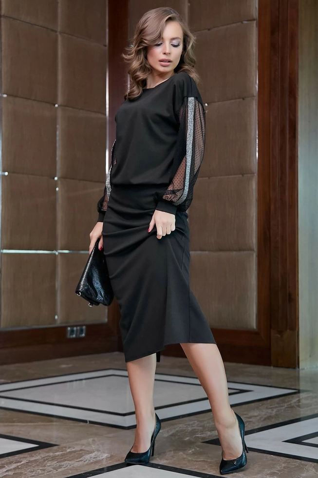 Утонченное Платье Миди с Рукавами из Сетки Черное M, L, XL, 2XL