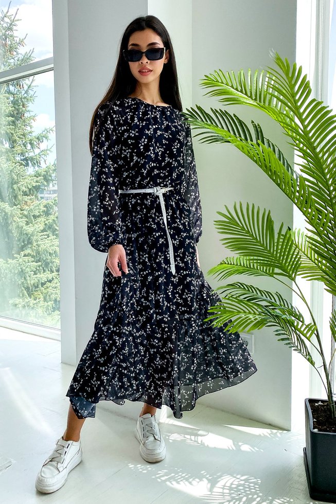 Легкое Длинное Платье из Шифона Черное с Цветочным Принтом S-M, L-XL