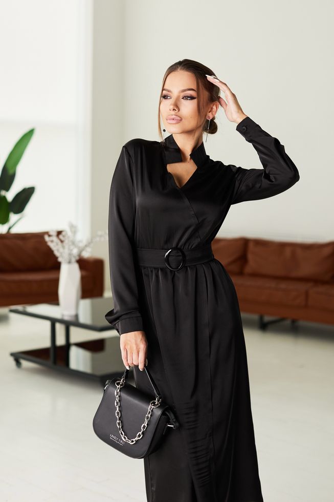 Черное Шелковое Платье Миди Деловое под Пояс S-M, L-XL
