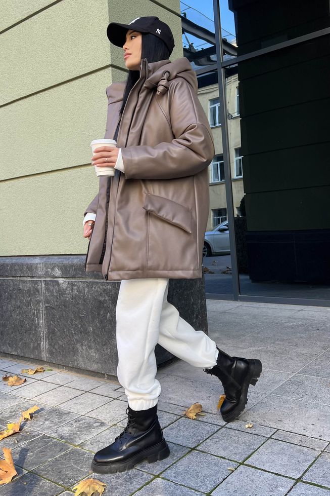 Тепла Зимова Куртка з Екошкіри Жіноча з Капюшоном Мокко р.S-M, L-XL, L-XL