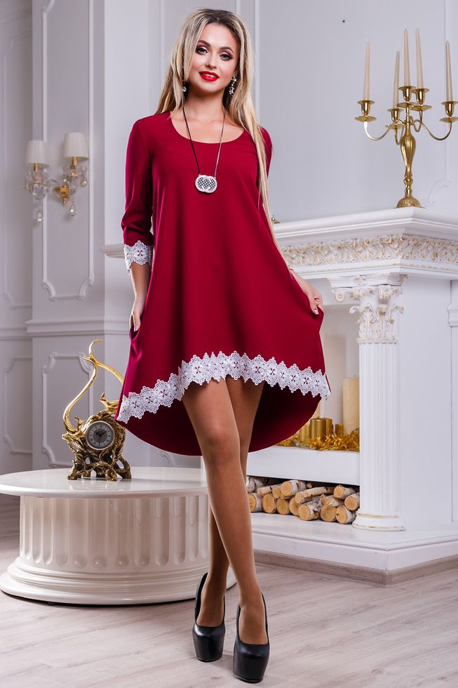 Красивое Нежное Платье Асимметрия с Кружевом Марсала S-XL