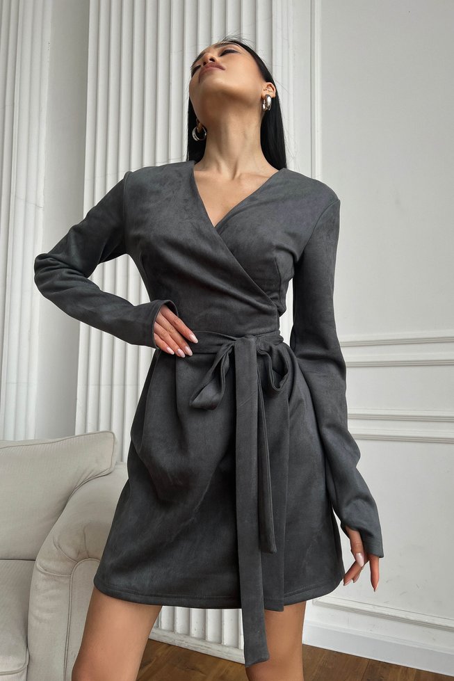 Красивое Замшевое Платье Мини на запах с Митенками Серое S, M, L, XL, XL