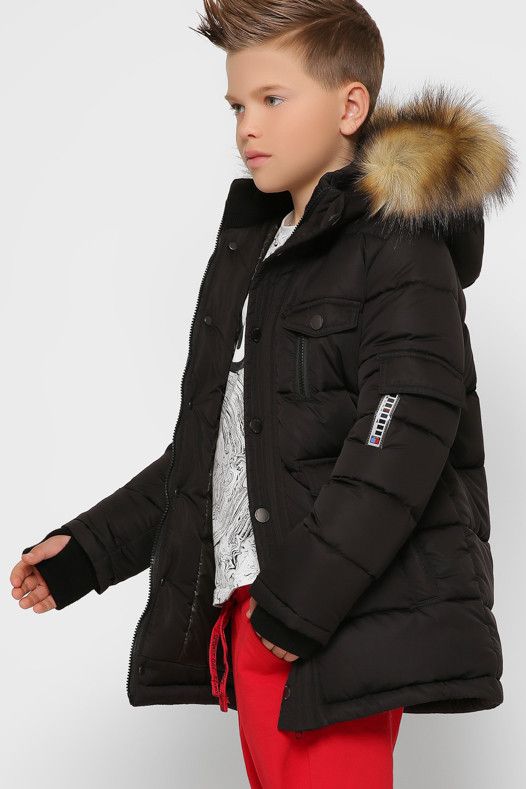 Теплая Зимняя Куртка для Мальчика с Капюшоном и Трикотажной Митенкой Черная Рост 110-158 см