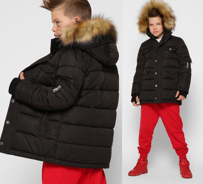 Теплая Зимняя Куртка для Мальчика с Капюшоном и Трикотажной Митенкой Черная Рост 110-158 см