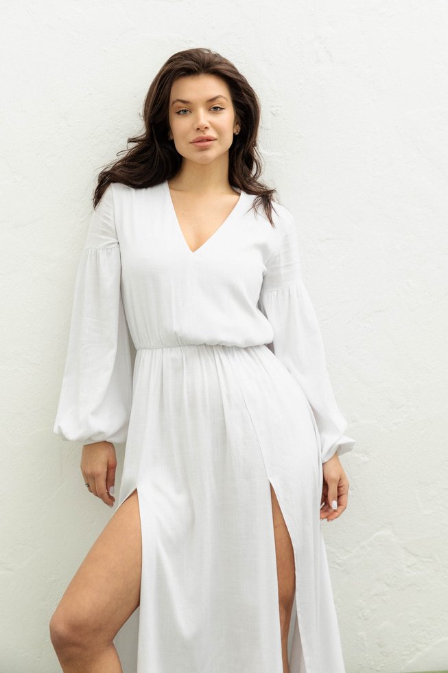 Романтична Сукня Міді з пишними рукавами та розрізами Біла S-M, L-XL, 2XL-3XL