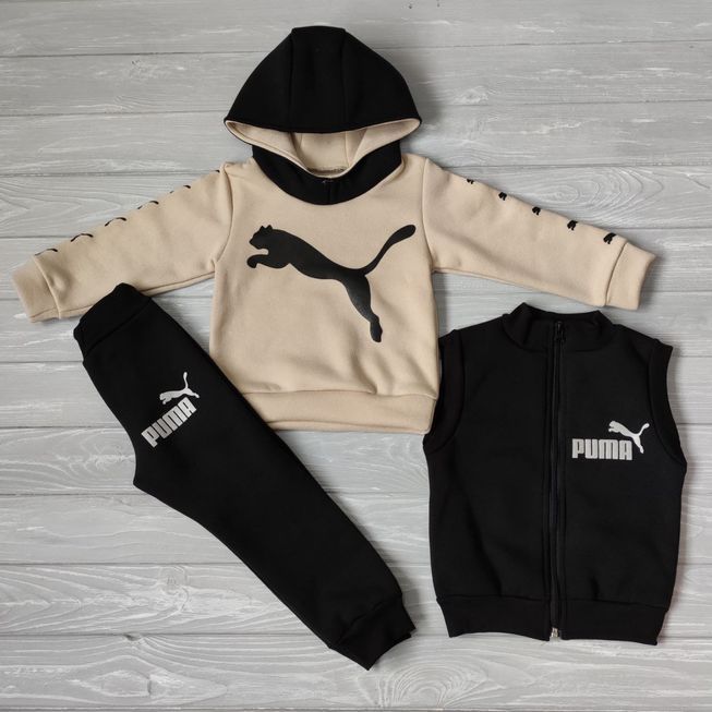 Детский Спортивный Костюм Тройка Тёплый в Стиле Puma Темно Бежевый Рост 80-110 см У-1804 фото