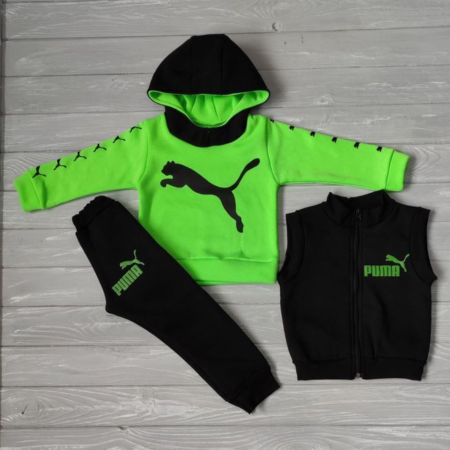 Детский Спортивный Костюм Тройка Тёплый в Стиле Puma Темно Бежевый Рост 80-110 см У-1804 фото