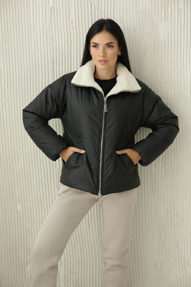 Короткая Женская Куртка Еврозима на Молнии Черная S-M, L-XL, 2XL-3XL