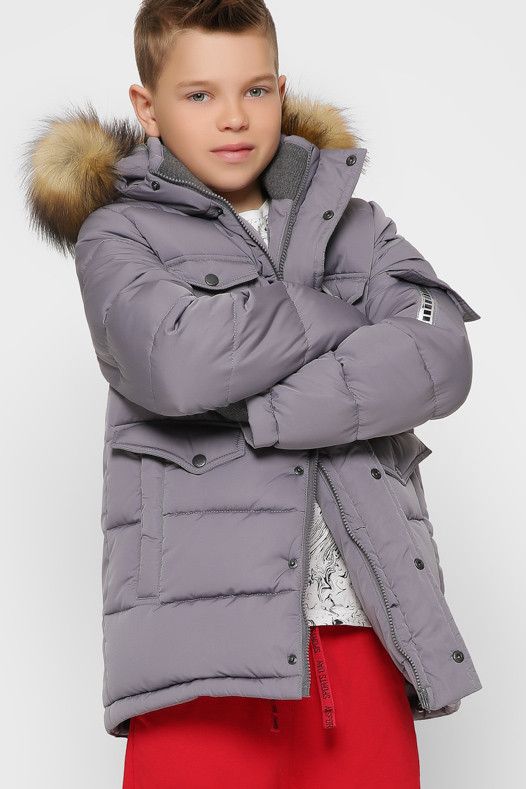 Теплая Зимняя Куртка для Мальчика с Капюшоном и Трикотажной Митенкой Серая Рост 110-158 см