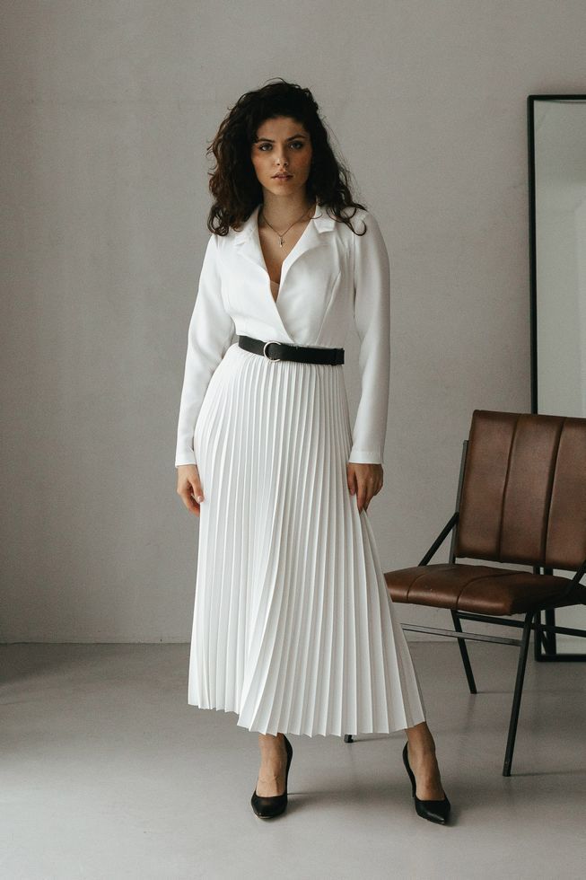 Шикарное Платье с Юбкой Плиссе и Баской (отстегивается) Белое S-M, L-XL, 2XL-3XL 6122 фото