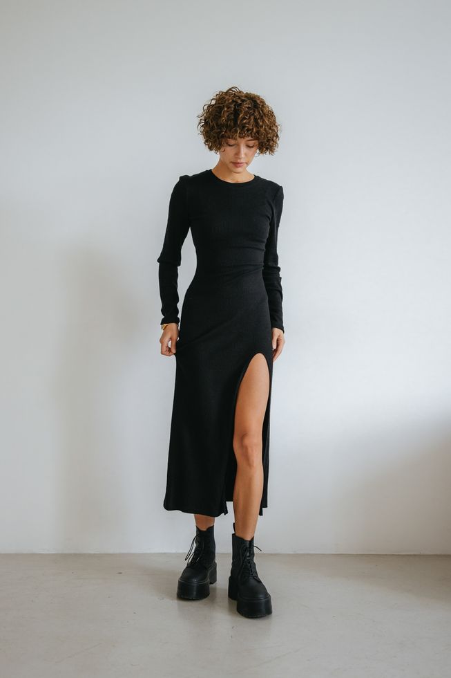Облягаюча Ангорова Сукня Довга з Розрізом Чорна S-M, L-XL