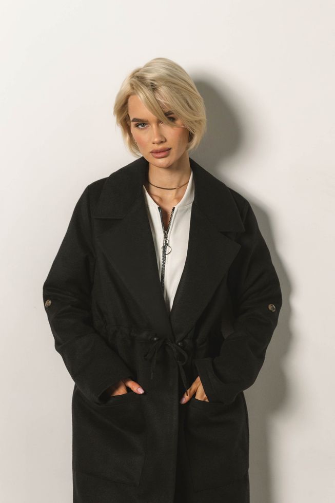 Эффектное Кашемировое Пальто Прямого Фасона на Кулиске Черное S-M, L-XL