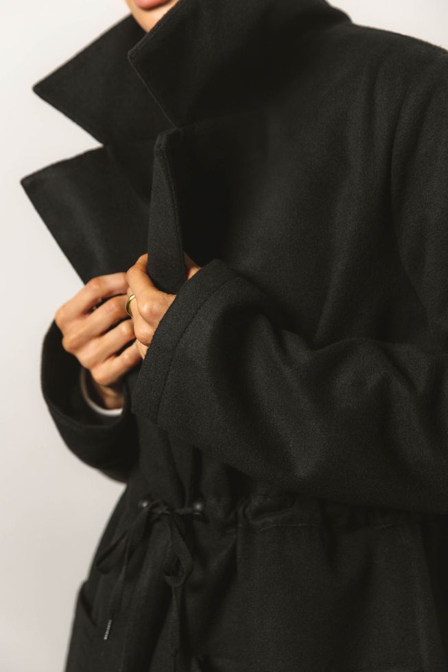 Эффектное Кашемировое Пальто Прямого Фасона на Кулиске Черное S-M, L-XL, L-XL