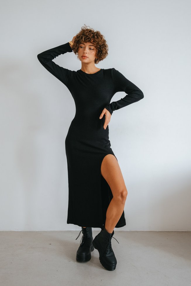 Облегающее Ангоровое Платье Длинное с Разрезом Черное S-M, L-XL, L-XL