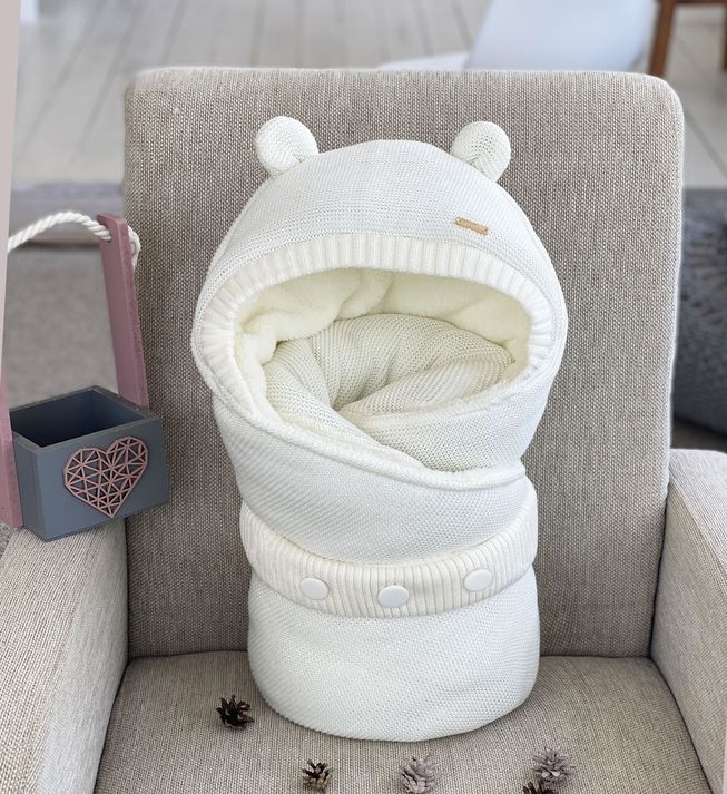 Детский Теплый Конверт-Одеяло Хлопковая Пряжа на Синтепоне Молочный Мишутка