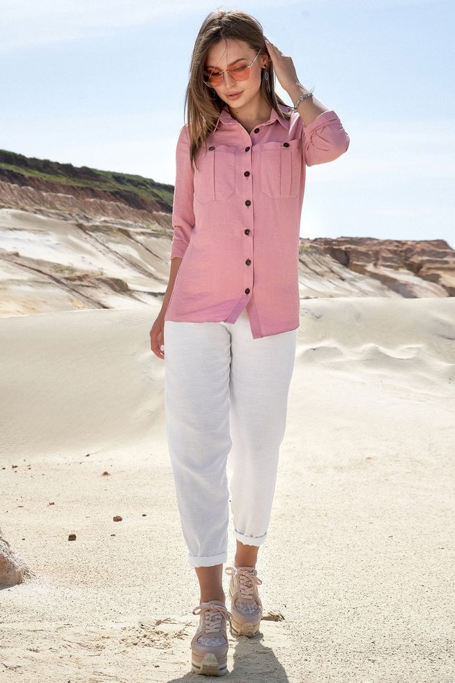 Легкая Женская Рубашка из Коттона на Лето с Длинным Рукавом Розовая S, M, L, XL