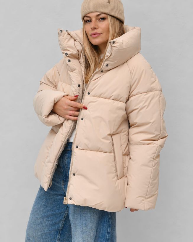 Женский Короткий Пуховик Зимний в Спортивном Стиле Молочный р.42, 46, 48 5026 фото