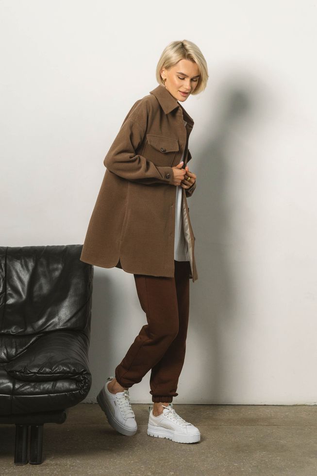 Женское Короткое Пальто Рубашка из Кашемира Бежевое S-M, L-XL