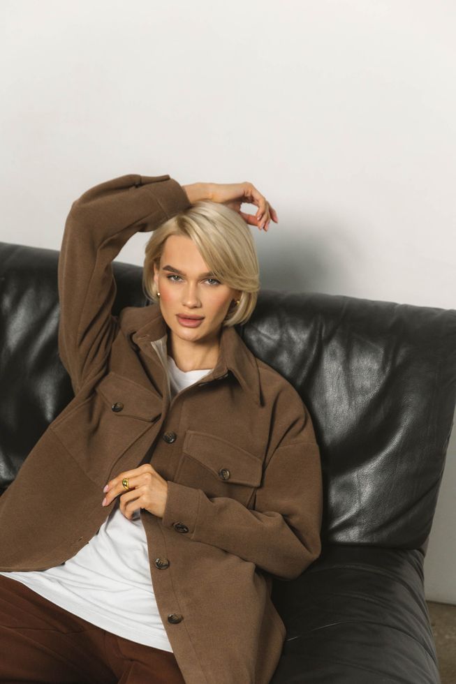 Женское Короткое Пальто Рубашка из Кашемира Бежевое S-M, L-XL