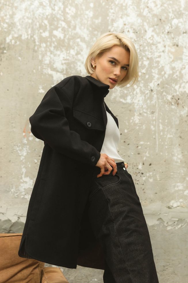 Женское Короткое Пальто Рубашка из Кашемира Черное S-M, L-XL, L-XL