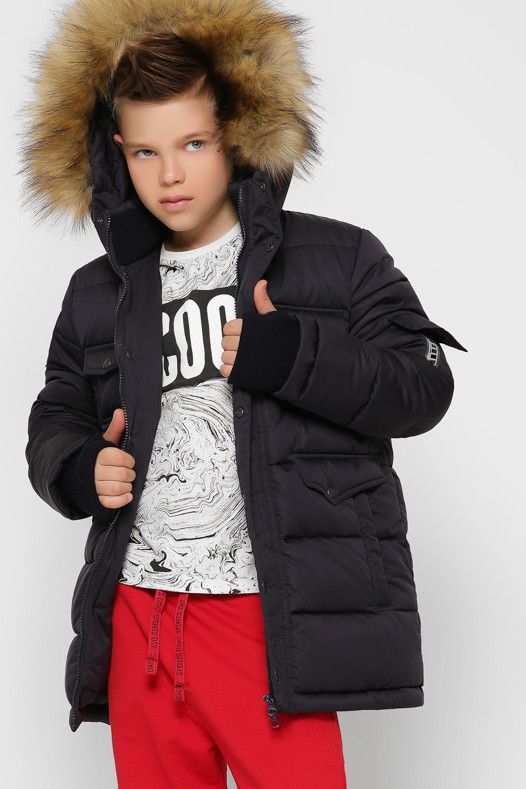 Тепла Зимова Куртка для Хлопчика з Капюшоном і Трикотажної Митенкой Синя Р. 32, 34, 40, 42