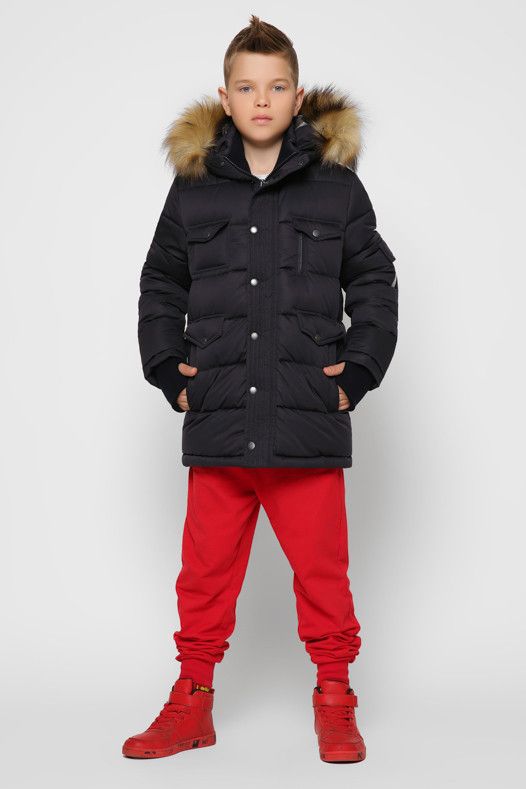 Теплая Зимняя Куртка для Мальчика с Капюшоном и Трикотажной Митенкой Синяя Р. 32, 34, 40, 42