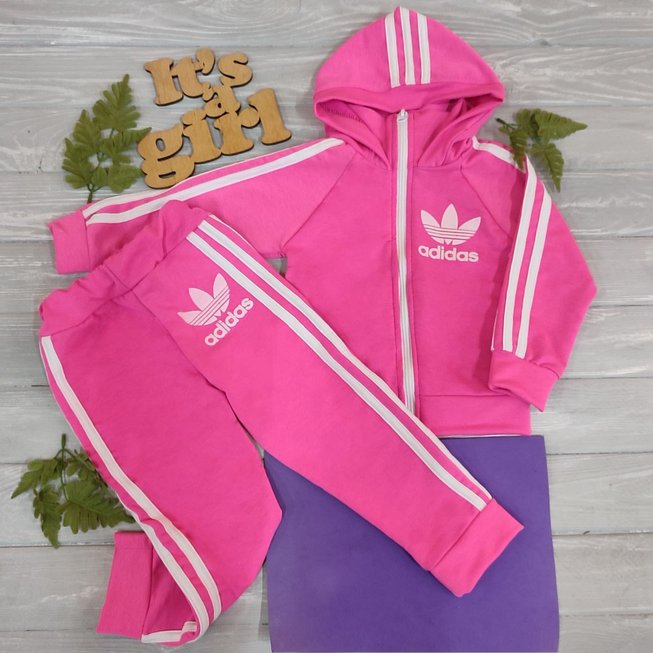 Детский Спортивный Костюм Двойка в стиле Adidas с Капюшоном Розовый Рост 74-116 см