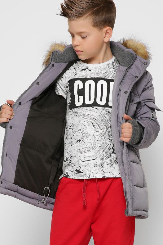 Теплая Зимняя Куртка для Мальчика с Капюшоном и Трикотажной Митенкой Серая Р. 28, 30, 32, 42