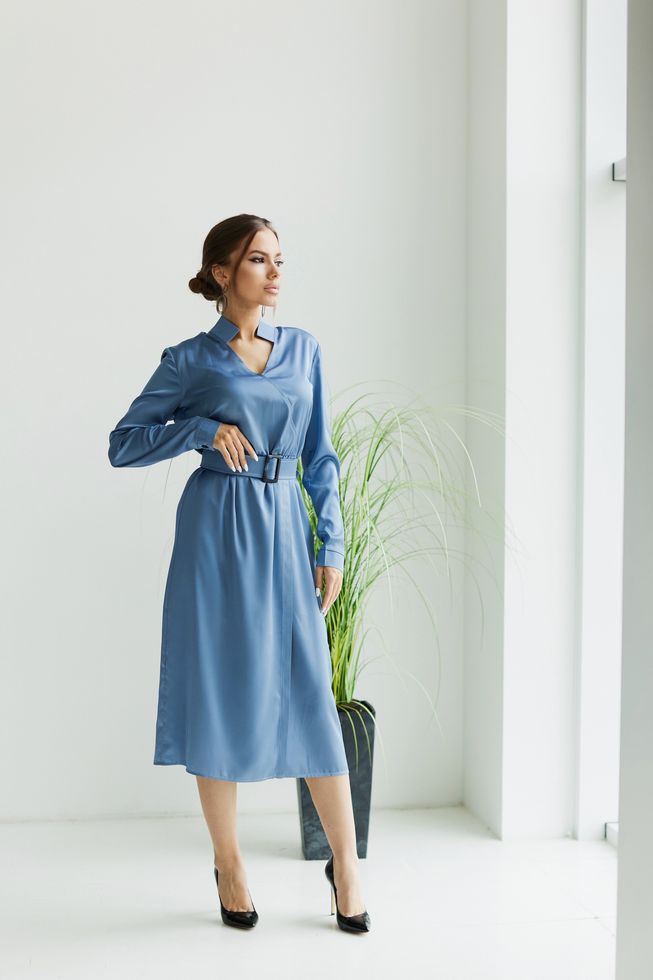 Блакитне Шовкова Сукня Міді Ділова під Пояс S-M, L-XL