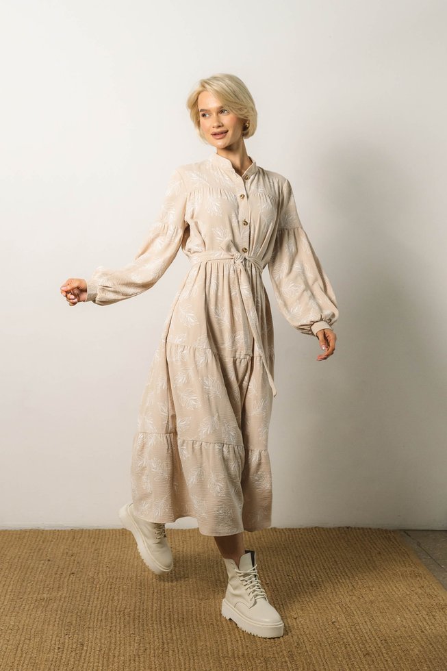 Расклешенное Платье Трапеция с Длинным Рукавом на Весну Бежевое S-M, L-XL, L-XL