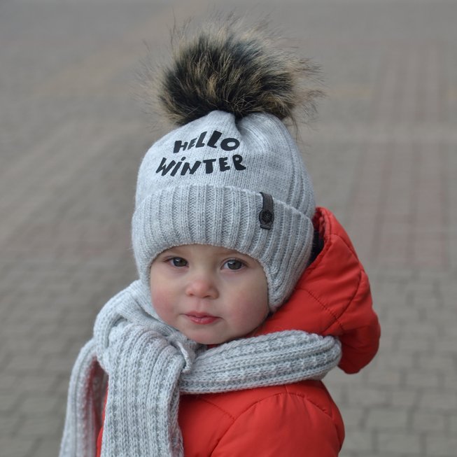 Зимова Дитяча Шапка  на Зав'язках з Помпоном "Winter" Розмір: 46 ОГ(44-47 см)