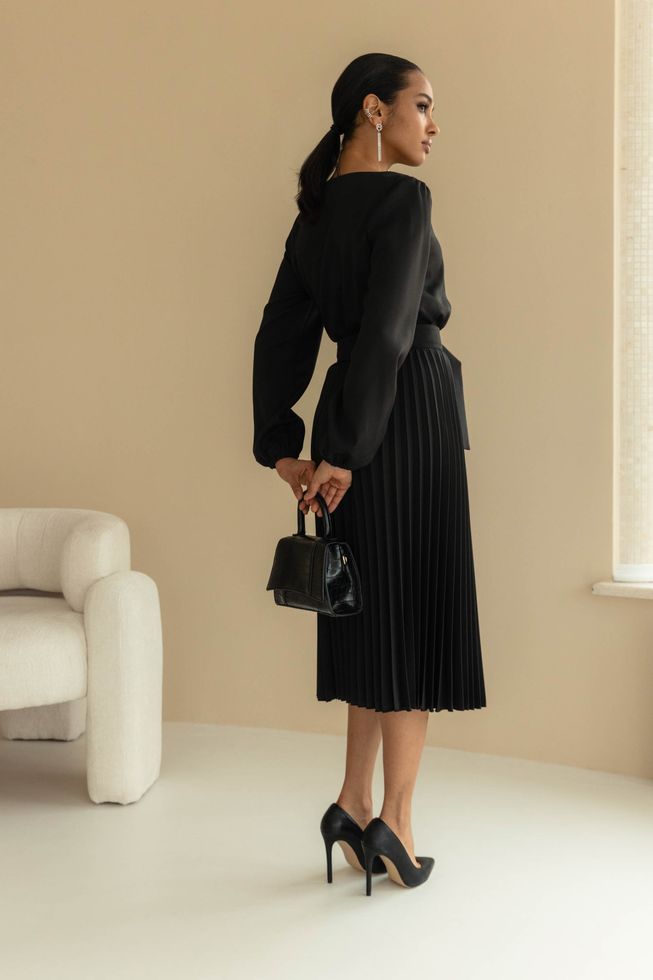 Нарядное Платье Миди с Юбкой Плиссе Черное S-M, L-XL, 2XL-3XL